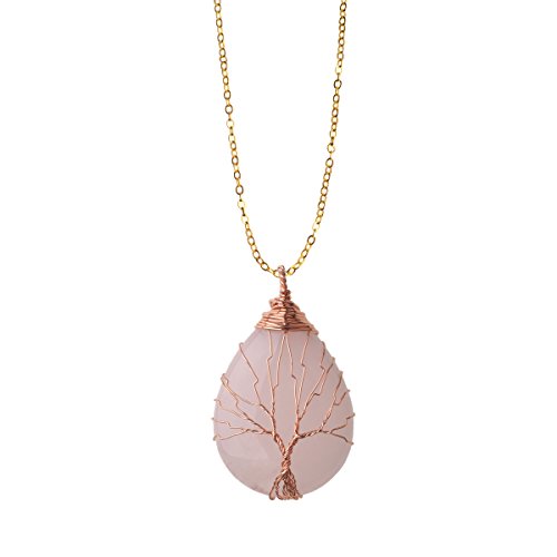Read more about the article Zhepin Rose Quartz Vintage Tree of Life Wire Wrapped Copper Teardrop Natural Gemstones Pendant Necklace,with Gift Box
