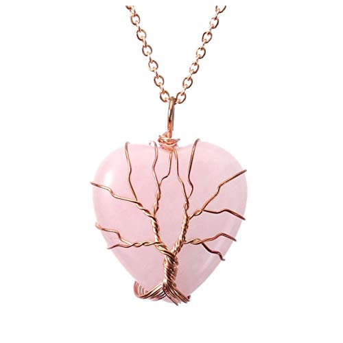 You are currently viewing Top Plaza Natural Rose Quartz Healing Crystals Necklace Tree of Life Wire Wrapped Stone Heart Pendant Necklaces Reiki Quartz Jewelry for Womens Girls Ladies