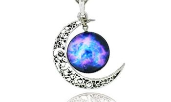Read more about the article Galaxy & Crescent Cosmic Moon Pendant Necklace, Purple Glass, 17.5” Chain, Great Gift for Women