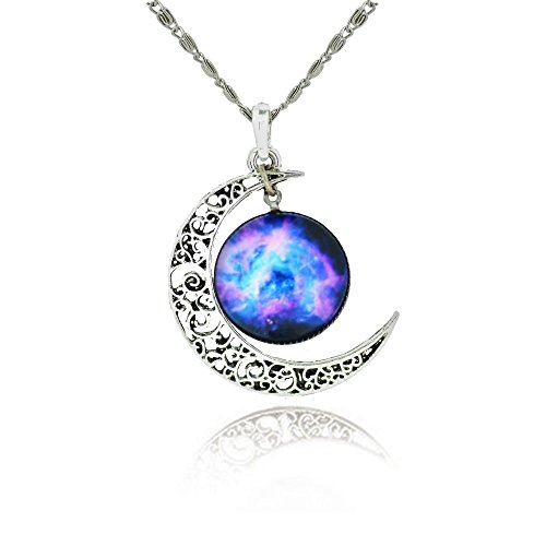 Read more about the article Galaxy & Crescent Cosmic Moon Pendant Necklace, Purple Glass, 17.5” Chain, Great Gift for Women