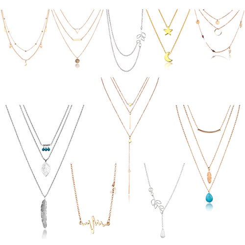 You are currently viewing Tamhoo HYZ Boho 10pcs Layered Necklace Pendant Moon Star Turquoise Feather Olive Leaf Heartbeat Coin Chain Girls Women Mother Jewelry Set