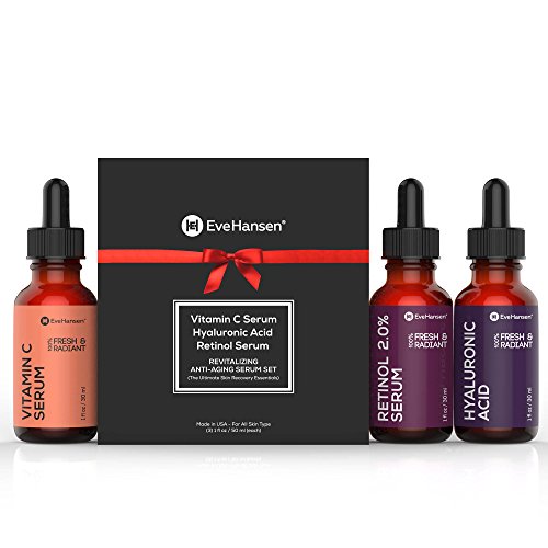 Read more about the article ANTI-AGING SERUM SET – Vitamin C, Hyaluronic Acid, and Retinol Serums. Eve Hansen’s Top Selling Facial Serums for Your Daily Skin Care Regiments. Made in USA. Great for Gift!