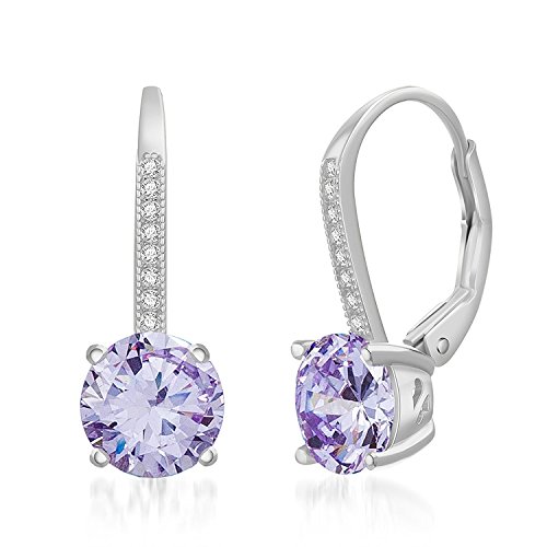 You are currently viewing LESA MICHELE Rhodium Plated Sterling Silver Round Light Purple Simulated Alexandrite & Cubic Zirconia Drop Leverback Earrings for Women (Imitation June Birthstone)