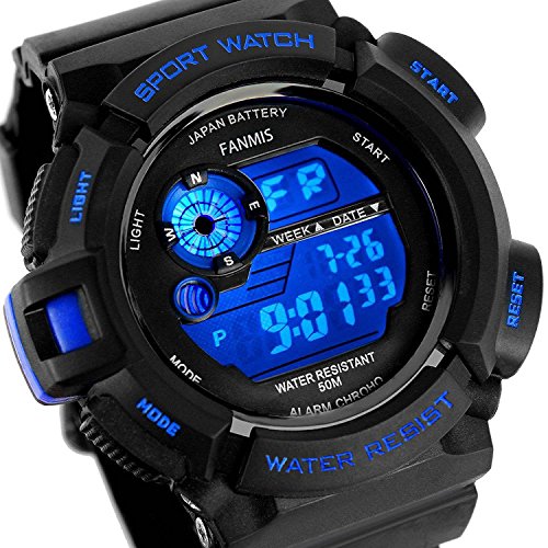 Read more about the article Fanmis Mens Military Multifunction Digital LED Watch Electronic Waterproof Alarm Quartz Sports Watch Blue