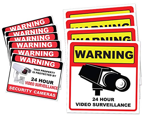 Read more about the article Video Surveillance Sticker Sign Decal – 10 Pack – Home Business Camera Alarm System Stickers – (4)5½” x 5½” & (6)3″ x 4″ – Adhesive Under 24 Hours Security Warning Signs – Robbery & Theft Prevention