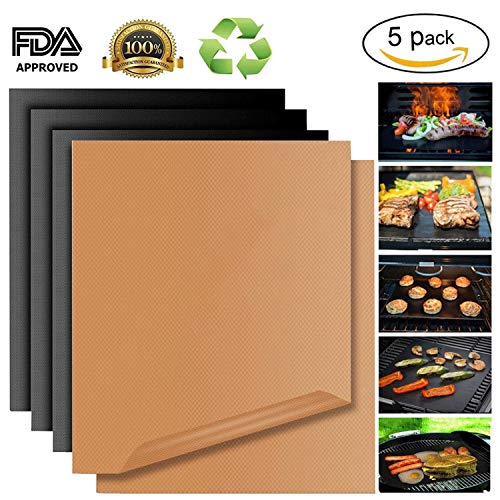You are currently viewing Grill Mat Non Stick BBQ Copper Magic Bake Mat Set of 5 Reusable Easy to Clean PTFE Teflon Fiber Grill Roast Sheets for Gas, Charcoal, Electric Outdoor Indoor Grilling Dishwasher Safe (Gold and Black)
