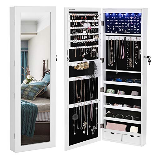 Read more about the article SONGMICS 6 LEDs Cabinet Lockable 47.3″ H Wall/Door Mounted Jewelry Armoire Organizer with Mirror, 2 Drawers, Pure White UJJC93W