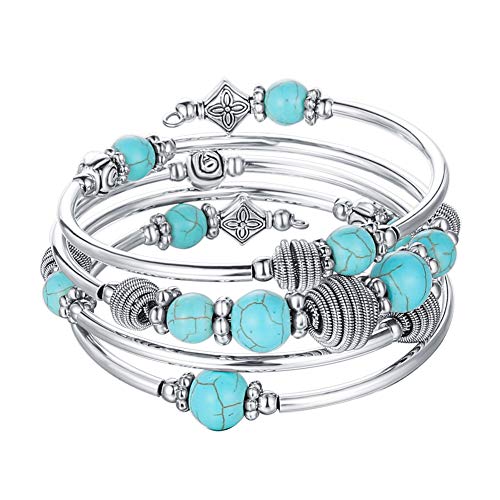 You are currently viewing Pearl&Club Beaded Chakra Bangle Turquoise Bracelet – Fashion Jewelry Wrap Bracelet with Thick Silver Metal and Mala Beads, Birthday Gifts For Women (Turquoise)