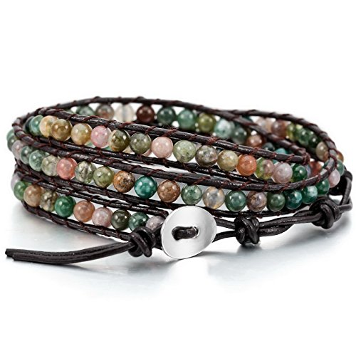 Read more about the article MOWOM Colorful Alloy Genuine Leather Bracelet Bangle Cuff Rope Simulated India Agate Bead 3 Wrap Adjustable