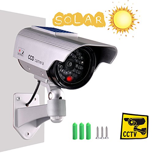 You are currently viewing Iseeusee Solar Powered Dummy Surveillance Bullet Fake Camera With Flashing Led-Grey Battery Recharged by Sun, Home or Business, Silver