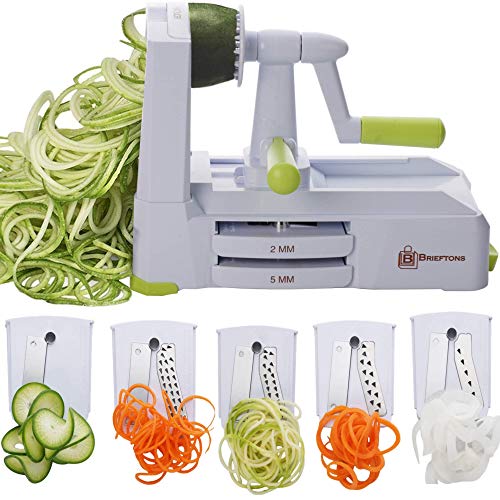 You are currently viewing Brieftons 5-Blade Spiralizer (BR-5B-02): Strongest-and-Heaviest Duty Vegetable Spiral Slicer, Best Veggie Pasta Spaghetti Maker for Low Carb/Paleo/Gluten-Free, With Extra Blade Caddy & 4 Recipe Ebooks