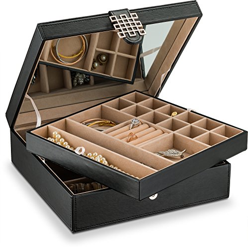 Read more about the article Glenor Co 28 Section Jewelry Box – 2 Layer – Buckle Snap & Magnet Closure – Large Mirror – Leather Design – Black – Jewelry Organizer for Women & Girls – Holder for Earring Ring Necklace & Bracelet