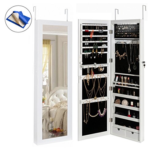 Read more about the article HollyHOME Mirrored Jewelry Cabinet Lockable Wall Door Mounted Jewelry Armoire Organizer with LED Light, White