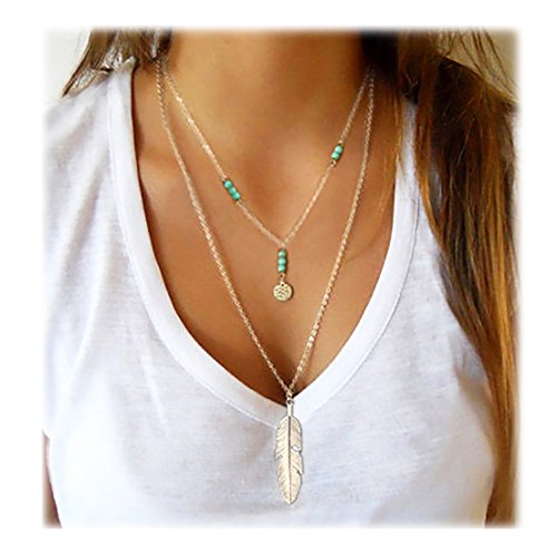 Read more about the article Wowanoo Simple Layered Bar Pendant Necklace Boho Feather Chain Necklace for Women Jewelry Feather S
