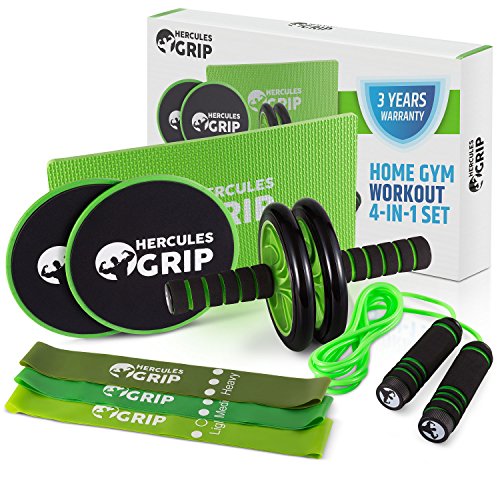 Read more about the article HerculesGrip Ab Wheel Roller, Adjustable Jump Rope, 2x Dual Sided Gliding Discs & 3x Loop Resistance Bands 4-In-1 Home Gym Total Body Workout Equipment Set -For Core, Cardio, Abs, Legs & Arms Training
