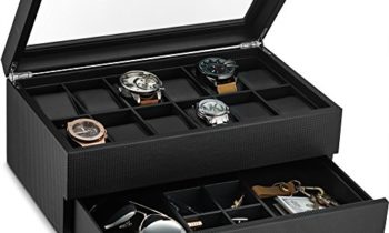 Read more about the article Glenor Co Watch Box with Valet Drawer for Men – 12 Slot Luxury Watch Case Display Organizer, Carbon Fiber Design – Metal Buckle for Mens Jewelry Watches, Men’s Storage Boxes Holder has Large Glass Top