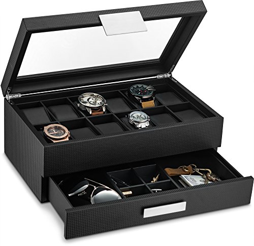 Read more about the article Glenor Co Watch Box with Valet Drawer for Men – 12 Slot Luxury Watch Case Display Organizer, Carbon Fiber Design – Metal Buckle for Mens Jewelry Watches, Men’s Storage Boxes Holder has Large Glass Top