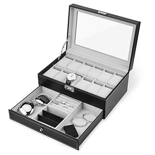 You are currently viewing Juns Watch Box, 12 Slots PU Leather Case Organizer with Jewelry Drawer for Storage and Display