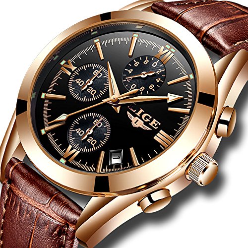 Read more about the article Mens Watches Leather Analog Quartz Watch Men Date Business Dress Wristwatch Men’s Waterproof Sport Clock Gold