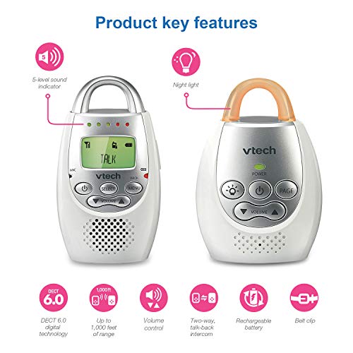 You are currently viewing VTech DM221 Audio Baby Monitor with up to 1,000 ft of Range, Vibrating Sound-Alert, Talk Back Intercom & Night Light Loop, White/Silver