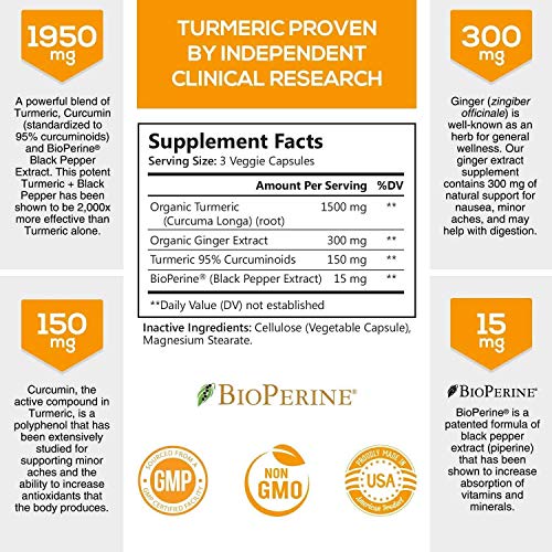Read more about the article Turmeric Curcumin with BioPerine & Ginger 95% Curcuminoids 1950mg – Black Pepper for Absorption, Made in USA, Natural Immune Support, Turmeric Ginger Supplement by Natures Nutrition – 120 Capsules