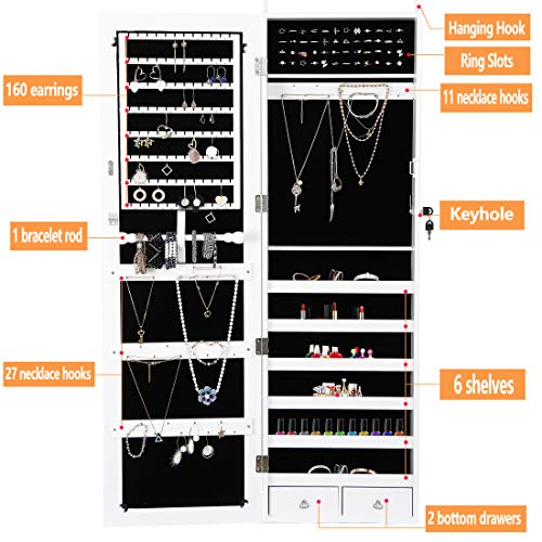 Read more about the article SUPER DEAL Jewelry Armoire Lockable Jewelry Cabinet Wall/Door Mounted Jewelry Organizer with Full Length Mirror and Drawers – 14.5W x 48H in – Frosty White (White)