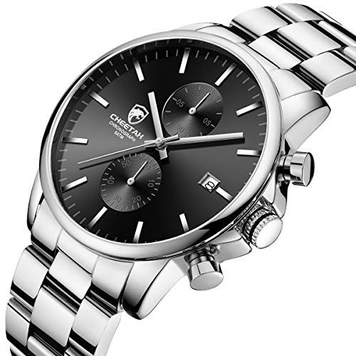 Read more about the article GOLDEN HOUR Men’s Watches with Silver Stainless Steel and Metal Casual Waterproof Chronograph Quartz Watch, Auto Date in Black Dial