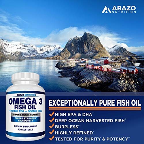 You are currently viewing Omega 3 Fish Oil 4,080mg – High EPA 1200mg + DHA 900mg Triple Strength Burpless Capsules – Arazo Nutrition (120 Count)