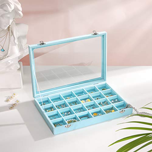 Read more about the article SONGMICS Jewelry Box Display Case with a Clear Glass Window and 24 Compartments, Light Blue