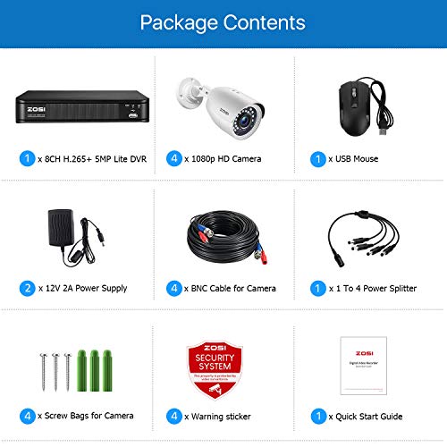 Read more about the article ZOSI H.265+ Full 1080p Home Security Camera System Outdoor Indoor, 5MP-Lite CCTV DVR 8 Channel and 4 x 1080p (2MP) Day Night Vision Weatherproof Surveillance Bullet Camera, Motion Alerts (No HDD)