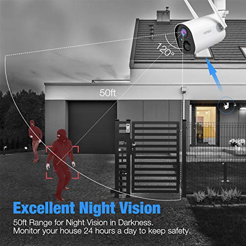 Read more about the article Conico Outdoor Security Camera, Wireless Rechargeable Battery Powered Camera 10400mAh, 1080P WiFi Surveillance Camera for Home with Night Vision, Two Way Audio, PIR Motion Detection, IP65 Waterproof