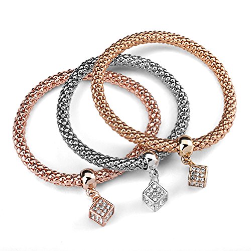Read more about the article Charm Bracelet, UHIBROS 3PCS Corn Chain Stretch Rope Bracelet Set Bangle Jewelry Gold Silver Rose Gold Plated With Cube Pendant Embedded Crystal For Women Girls