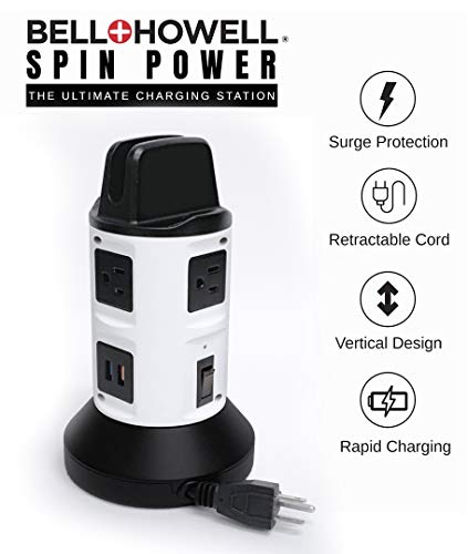 Read more about the article Spin Power by Bell+Howell Surge Protector Electric Charging Station 4 Outlets 6 USB Ports with 7ft Retractable Cord Built-in Phone Holder As Seen On TV