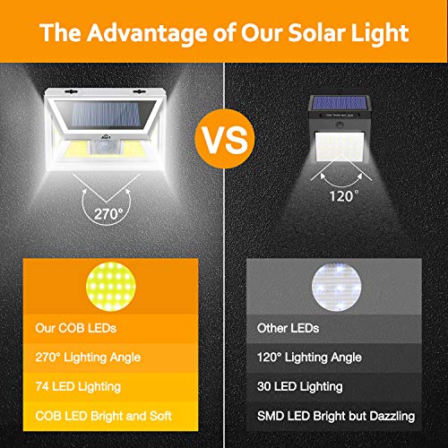 You are currently viewing JUSLIT Solar Lights Outdoor, 74 COB LEDs Motion Sensor Light, 2 Modes Wireless Security Wall Lighting W/ 270° Wide Angle, IP65 Waterproof 1 Year Warranty, for Patio, Garden, Deck, Porch (1PK)