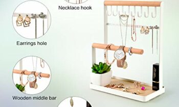 Read more about the article PAMANO Jewelry Stand Holder, 4-Tier Necklace Hanging Wooden Ring Organizer Earring Tray, 8 Hooks 12 Earrings Holes Storage Necklaces, Bracelets, Rings & Watches On Desk Tabletop – White