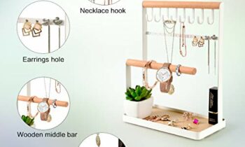 Read more about the article PAMANO Jewelry Stand Holder, 4-Tier Necklace Hanging Wooden Ring Organizer Earring Tray, 8 Hooks 12 Earrings Holes Storage Necklaces, Bracelets, Rings & Watches On Desk Tabletop – White