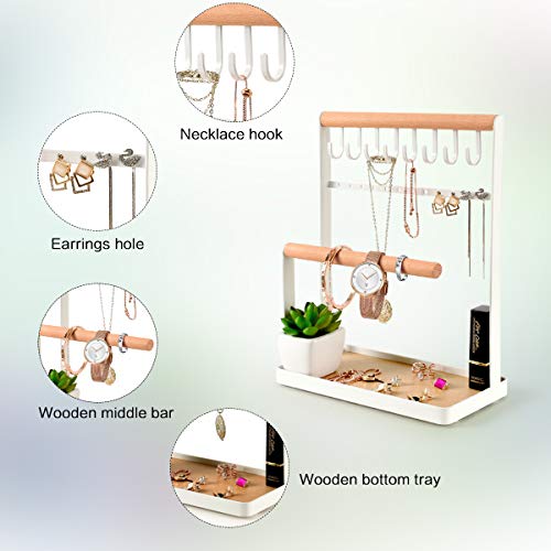 Read more about the article PAMANO Jewelry Stand Holder, 4-Tier Necklace Hanging Wooden Ring Organizer Earring Tray, 8 Hooks 12 Earrings Holes Storage Necklaces, Bracelets, Rings & Watches On Desk Tabletop – White