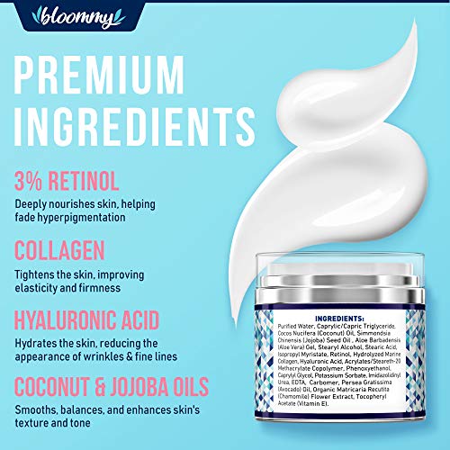 Read more about the article BLOOMMY Collagen & Retinol Cream – Made in USA – Collagen Anti Aging Cream for Face with Hyaluronic Acid – Day & Night Retinol Moisturizer – Anti Wrinkle Facial Cream – 1.7 oz