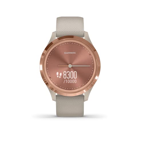 Read more about the article Garmin Hybrid Smartwatch with Real Watch Hands and Hidden Color Touchscreen Displays, rose gold with light sand case and band, 39mm, 010-02238-02