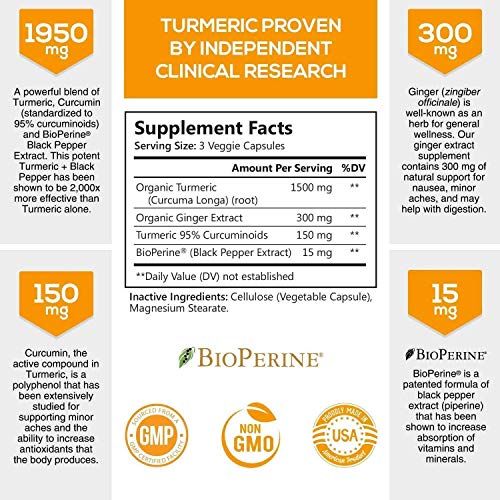 You are currently viewing Turmeric Curcumin with BioPerine & Ginger 95% Curcuminoids 1950mg – Black Pepper for Absorption, Made in USA, Natural Immune Support, Turmeric Ginger Supplement by Natures Nutrition – 180 Capsules